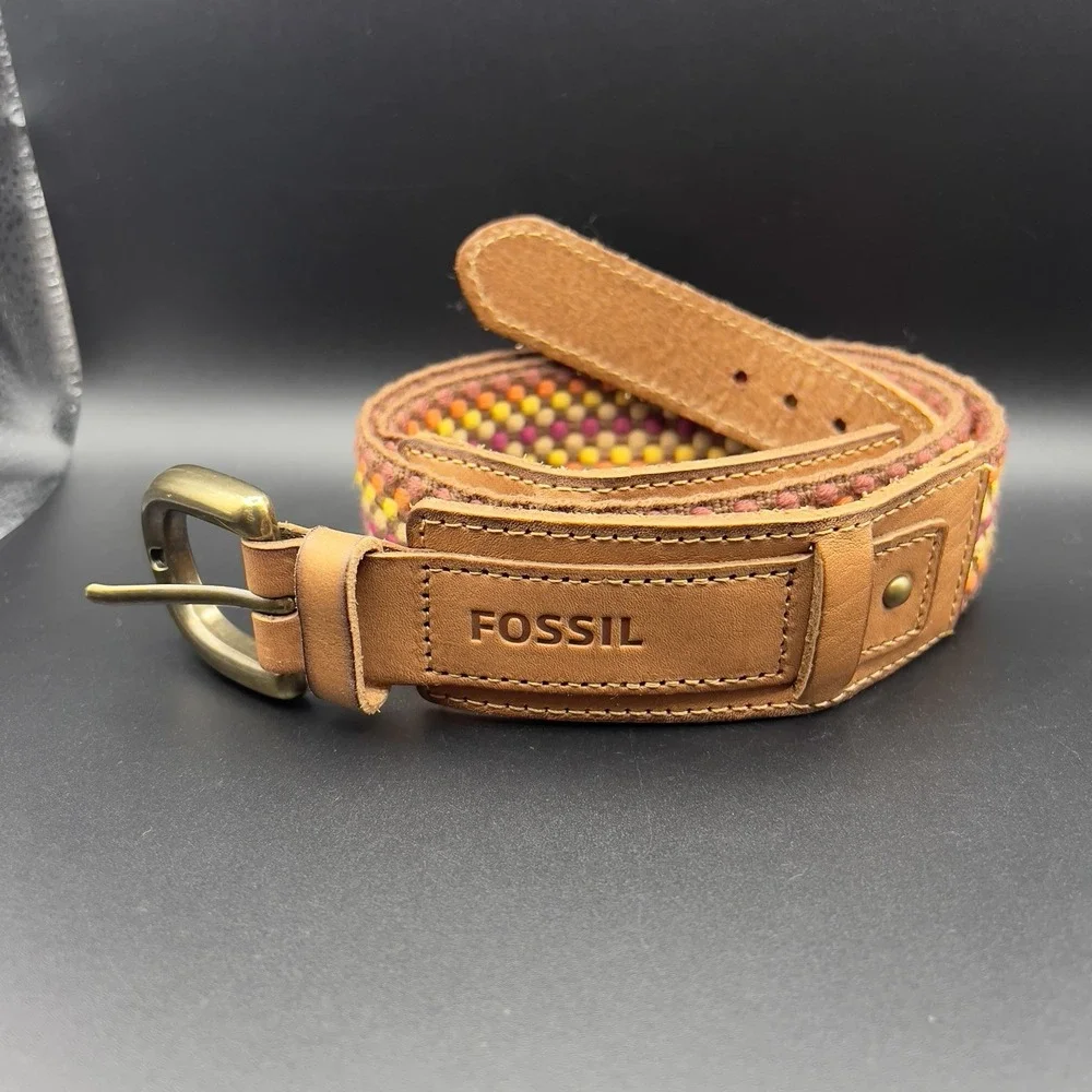 FOSSIL Multicolor Weave Braid Tapestry w Leather Belt Womens BOHO ~ Size S 37.5